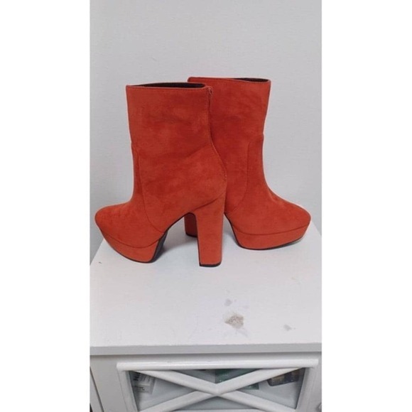 Women's TRENDY orange suede faux leather 5" block heel platform boots Size 7 - Picture 11 of 14